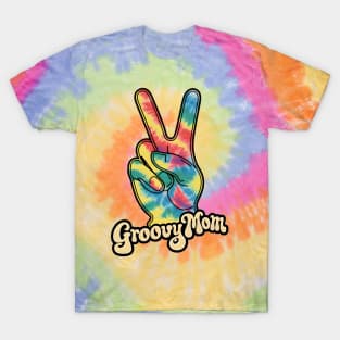 "Groovy Mom Peace Sign Hand Tie-Dye" - Retro Cute Hipster T-Shirt